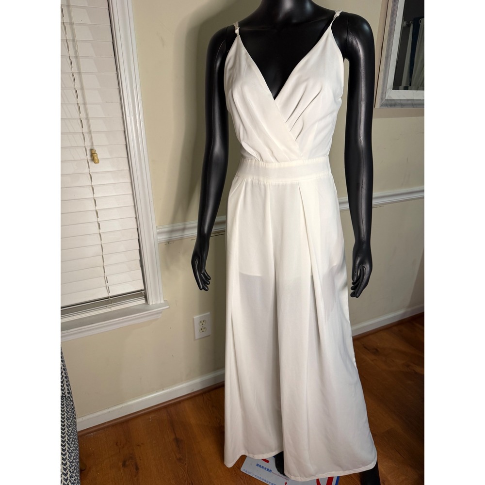 Banjul White Wide Leg Jumpsuit V-Neck Tie Back Cutout Bridal BCCP20589 Medium